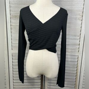 PRINCESS POLLY Cropped Wrap Front Long Sleeve Tee Black-Small